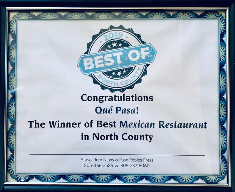 Framed 2019 Best of North County award for Best Mexican Restaurant